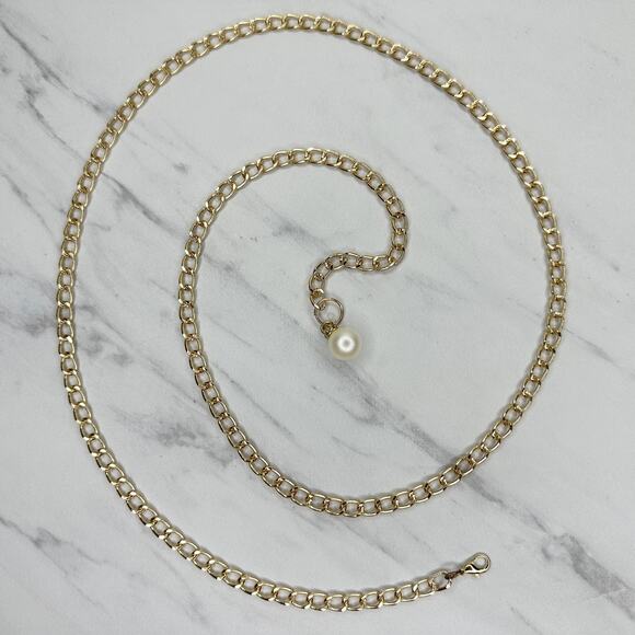 Dainty Simple Faux Pearl Charm Gold Tone Metal Chain Link Belt OS One Size - Picture 1 of 10